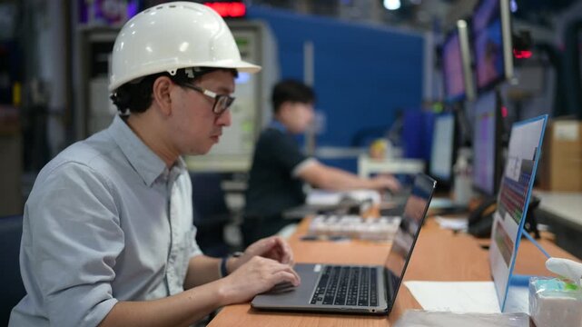 Focused professional Asian industrial engineer in a hard hat programs automation software on a laptop inside a modern smart factory control room managing production system network data.