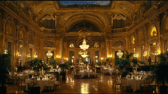 Luxurious ballroom with ornate gold decor, grand chandeliers, elegant round tables, white tablecloth, lush floral centerpieces, and ambient lighting create sophisticated, festive atmosphere