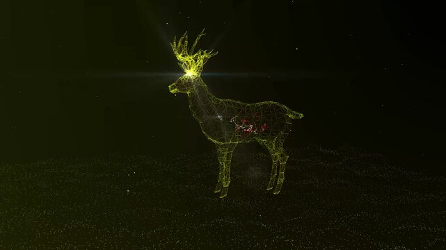 Futuristic Polygon Deer Wireframe with Glowing Particles and Digital AI Technology Background Animation in 4K.
