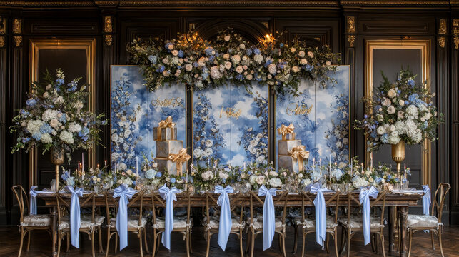 Elegant birthday photo backdrop wall with giant stack of gift boxes, blue and white floral arrangements, luxurious table setting, gold accents, festive atmosphere, sophisticated celebration
