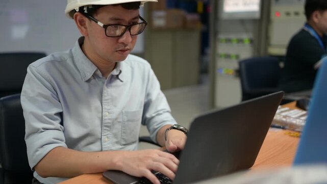 Focused professional Asian industrial engineer in a hard hat programs automation software on a laptop inside a modern smart factory control room managing production system network data.