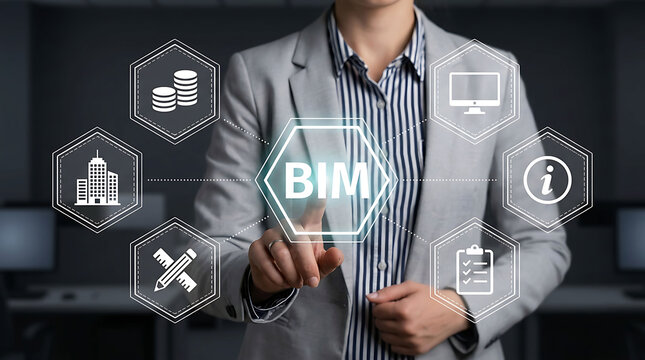 Businesswoman touching BIM icon with building information modeling software icons