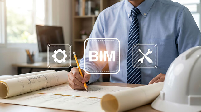 Engineer drawing blueprints with BIM building information modeling concept icons