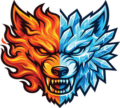 Fire and ice wolf head mascot logo. Split face design with flames and frozen crystal shards.