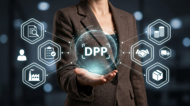 Woman using phone laptop for DPP digital product passport concept icons