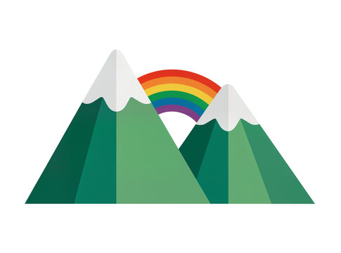Isolated stylized mountain range with a vibrant rainbow arching overhead, nature landscape
