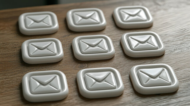 Elegant clay mockup of email interface icon arranged on wooden surface, minimalistic style, soft lighting, modern communication concept, neutral color palette