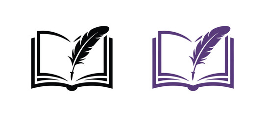 Fototapeta premium Open Book and Quill Feather Pen Icon Set – Minimalist Line Vector Symbols for Education, Literature and History