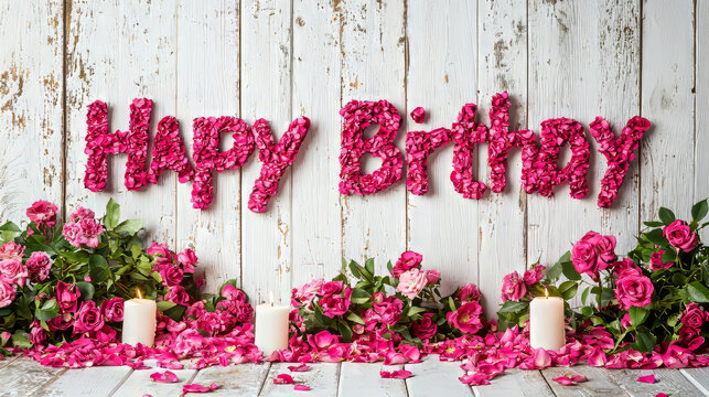 Happy Birthday sign made of pink rose petals with elegant cursive style, surrounded by fresh roses, green leaves, and white candles on rustic white wood background