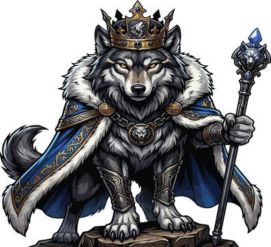 Wolf king wearing a crown and royal cape. Majestic animal ruler holding a magical scepter.
