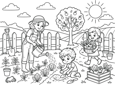 Kids gardening coloring pages design whimsical illustration for children's activity books and educational resources