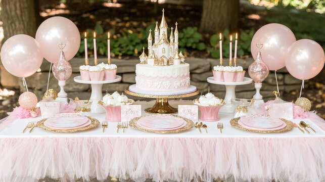 Elegant fairy tale birthday table with castle cake, pink balloons, gold accents, candles, cupcakes, and tulle table skirt, creating magical and festive atmosphere