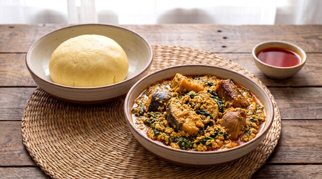 Traditional Nigerian Egusi Soup Served with Smooth Fufu on a Rustic Wooden Table Setting