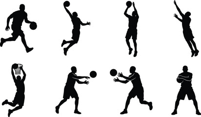 Basketball Players Silhouette Set Featuring Dribbling, Slam Dunk, Shooting, Passing, Rebounding, and Standing Action Poses © Mehedi