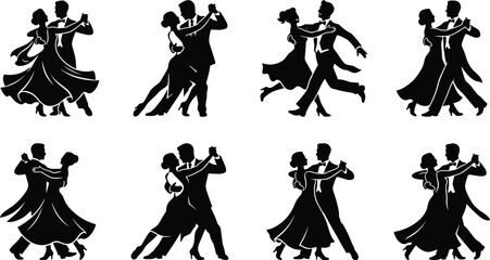 Ballroom dancing couples black silhouettes set featuring waltz tango salsa swing romantic dance performers vector illustration © Mehedi