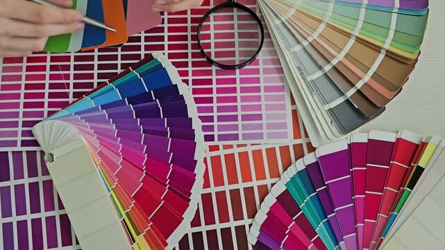 Exploring color palettes with various shades and swatches in a creative workspace