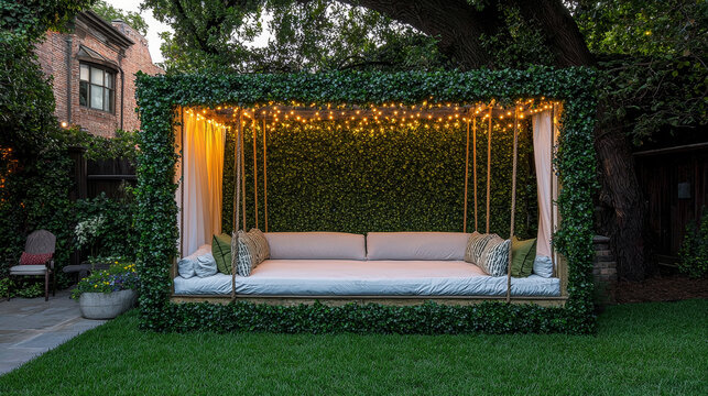 Elegant garden photo booth with fairy lights, lush greenery, cozy outdoor seating, inviting atmosphere, and soft cushions creates magical birthday celebration setting