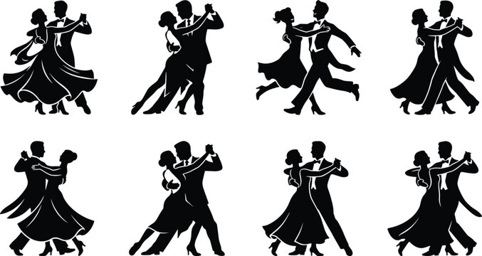 Ballroom dancing couples black silhouettes set featuring waltz tango salsa swing romantic dance performers vector illustration