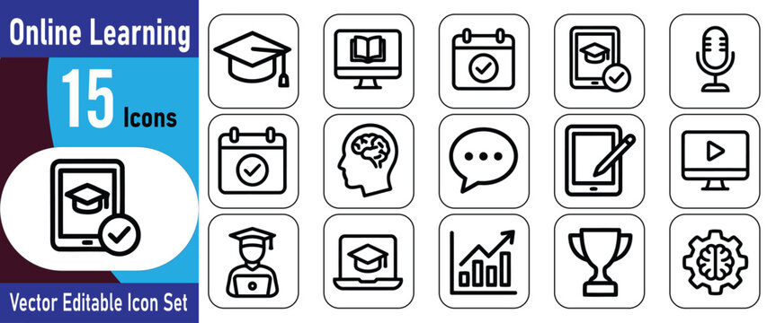 Online learning icon set 15 vector graphics for education e learning and digital courses