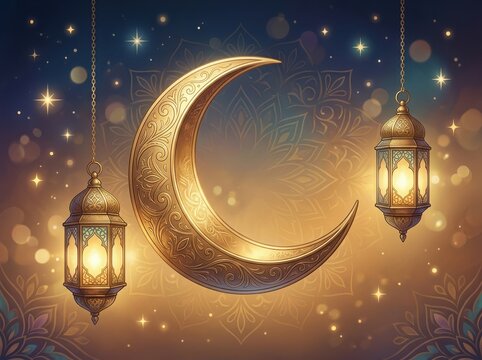 Golden crescent moon and glowing arabic lanterns hanging against a dark starry night sky for islamic holiday celebration