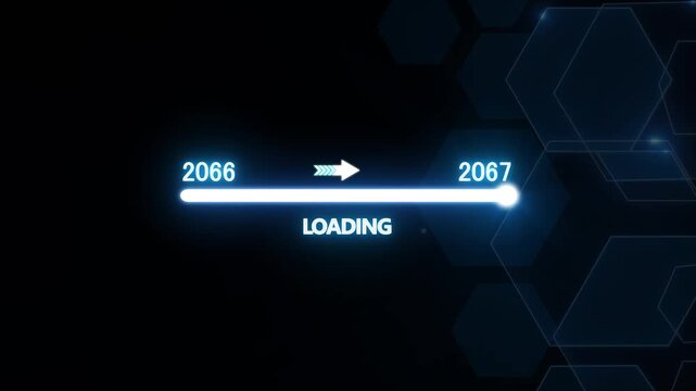 Futuristic loading bar progress animation with year transition 2066 to 2067 on digital hexagon background