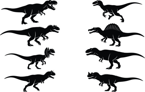 Carnivorous Dinosaur Silhouette Set Featuring Tyrannosaurus Rex, Velociraptor, Allosaurus, Spinosaurus, Dilophosaurus, Giganotosaurus, Carnotaurus, and Ceratosaurus
