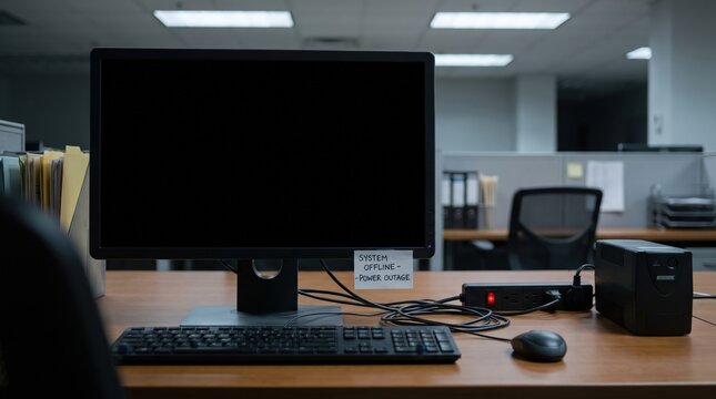 Dark office workstation during power outage, business interruption, infrastructure failure, remote work disruption, energy crisis.
