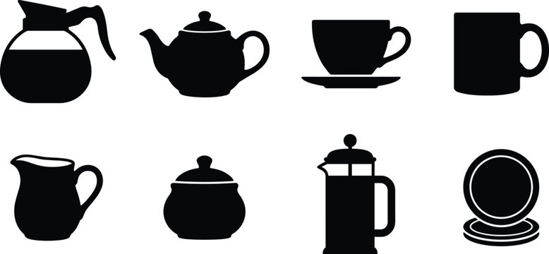 Coffee and tea service equipment black silhouettes set featuring decanter teapot teacup mug pitcher french press vector illustration