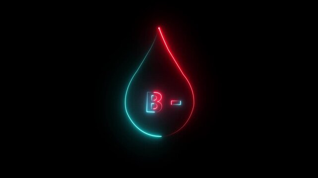 Neon glowing B negative blood icon, Blood donation concept, blood transfusion. AB negative blood drop icon animation. 4k motion video.