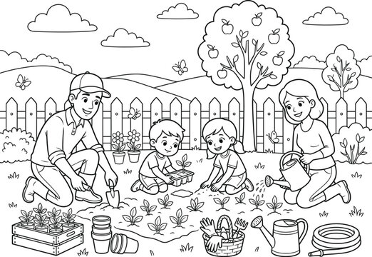 Family gardening coloring pages design black and white illustration for kids and adults relaxation