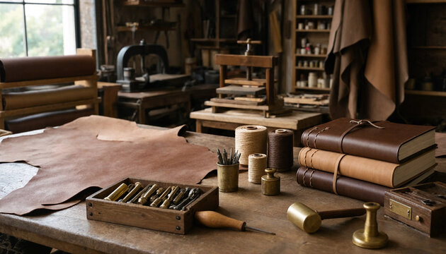Leather crafting workshop table featuring rolls of brown leather, handmade leather journals, metal tools, and wooden spools of thread inside