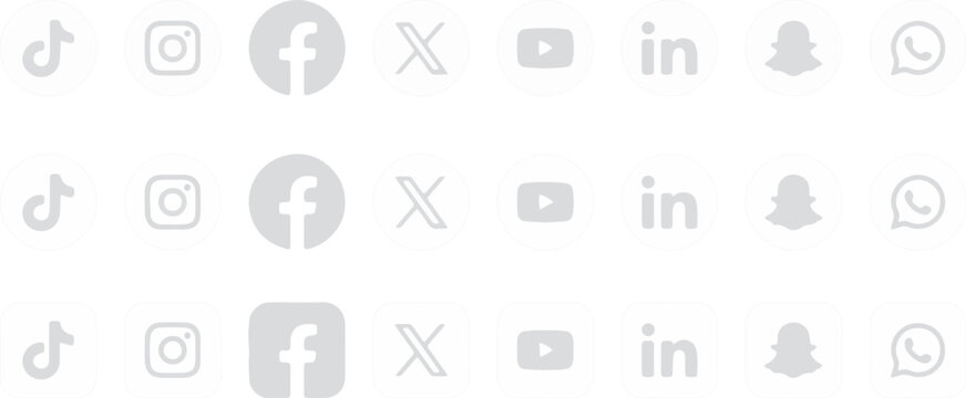 Social-Media Platform Icons Collection With Minimal Grey Interface Buttons And Modern Communication App Symbols
