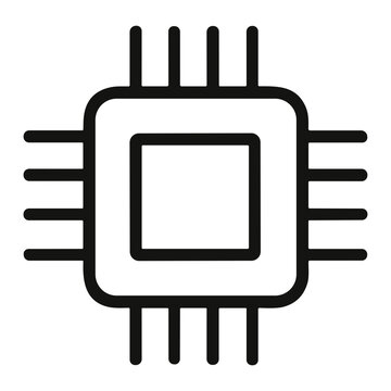Minimal black-and-white microchip icon showing a central processing unit with surrounding connector pins and simplified integrated circuit outline, representing computing hardware