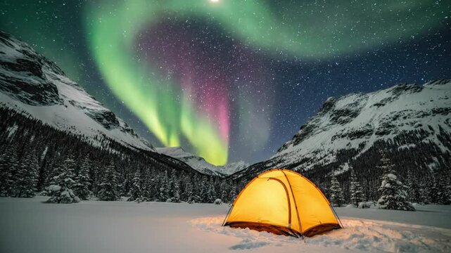 Stunning timelapse of vibrant aurora borealis dancing above illuminated tent in snowy winter wilderness under starry night sky