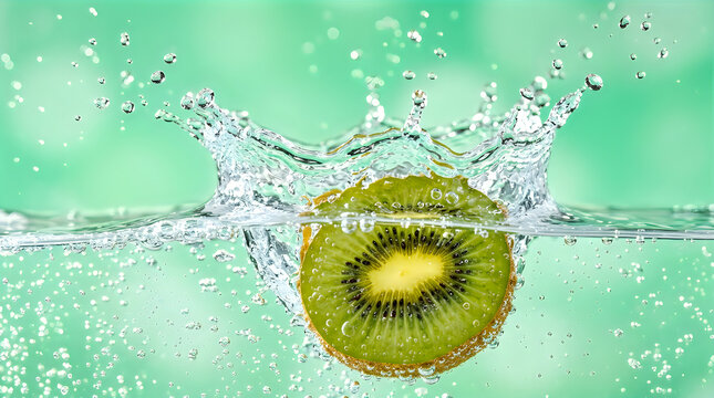 Kiwi slice splashing into clear water with droplets against a soft green bokeh background