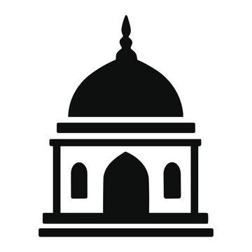 Black silhouette of a traditional Islamic domed monument with a central arched doorway, flanking arched windows, layered base and ornamental finial, representing mosque or mausoleum