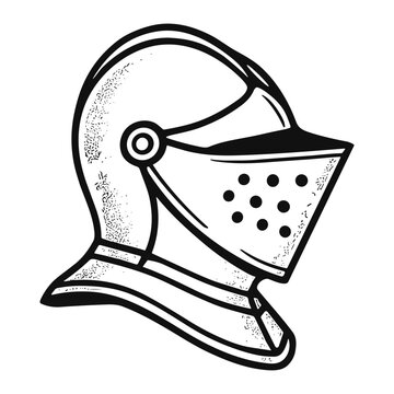 Side-profile black and white illustration of a medieval knight's visored helmet (bascinet-style) and gorget, detailed line art engraving showing rivets and perforated visor holes