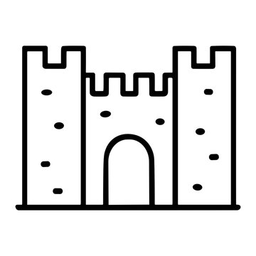 Black-and-white outline illustration of a medieval castle with two fortified towers, crenellated parapet and central arched gateway, minimalist fortress icon on white background