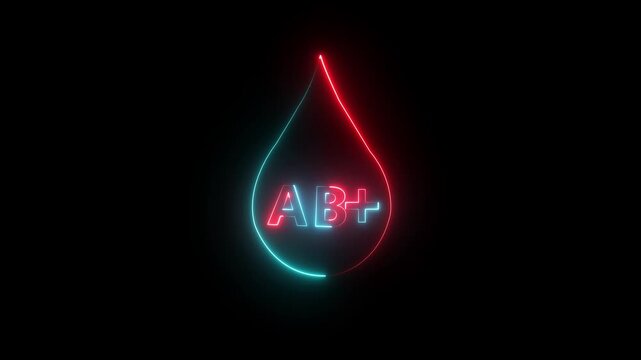 glowing neon AB positive Blood icon drop animation on black background. Blood donation concept, Blood donation concept, blood transfusion. AB positive blood drop icon animation. 4k motion video.