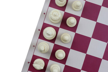 Top view of white chess pieces on a chessboard with copy space © BStock