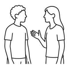Obraz premium Minimalist line-art illustration of two people standing face-to-face in profile, engaged in conversation with one person gesturing by hand, casual interaction and communication