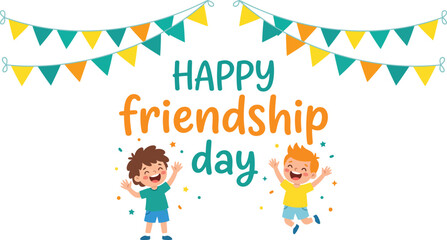 Naklejka premium happy friendship day vector illustration with cute joyful kids jumping together under colorful party bunting flag garlands