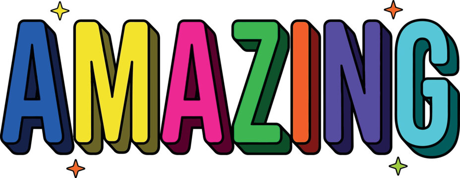 Retro Amazing word typography with colorful 3D block letters. Vibrant rainbow text design for positive message. Fun pop art lettering for greeting cards and social media graphics.