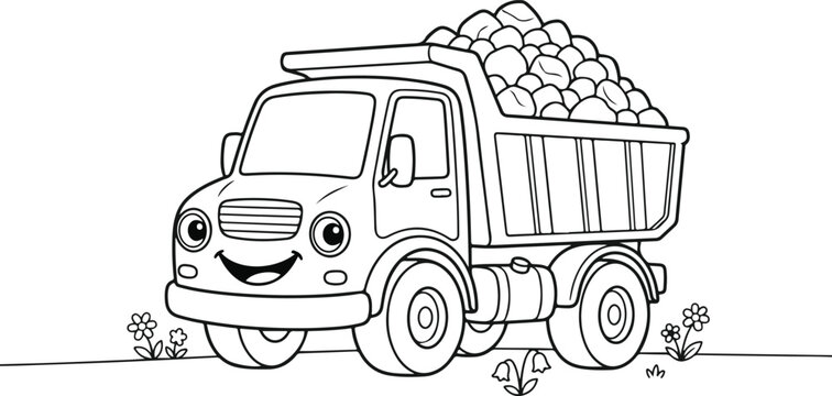 Cute cartoon dump truck coloring page for kids.