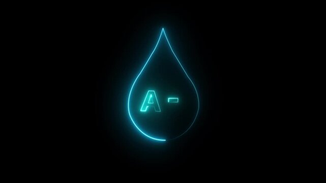 glowing neon A negative Blood icon drop animation on black background. Blood donation concept, blood transfusion. A negative blood drop icon animation. 4k motion video.