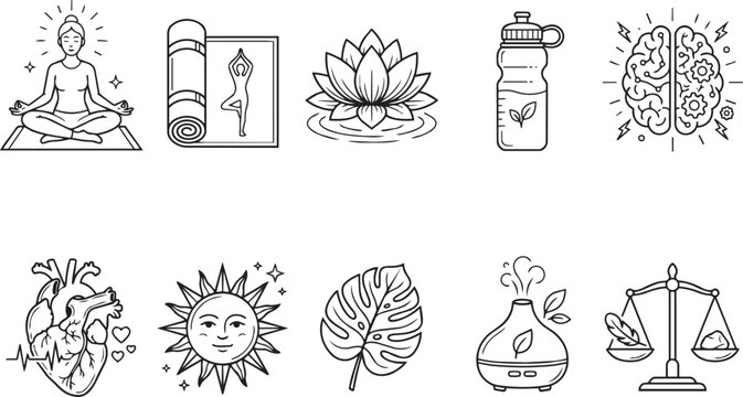 Yoga and wellness line icons set, 10 mental health and self care vector elements, holistic lifestyle and meditation symbols for spa and fitness branding
