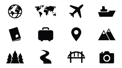 Minimalist travel with high contrast black white grid twelve minimalist icons representing travel travel adventure exploration exploration themes modern © Mrittunjoy
