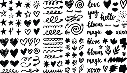 Obraz premium Hand drawn doodle elements set. Sketchy hearts, stars, and arrows for creative design.