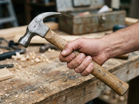 Close up of a person holding a metal hammer with a wooden handle while working on a messy wooden workbench in a workshop