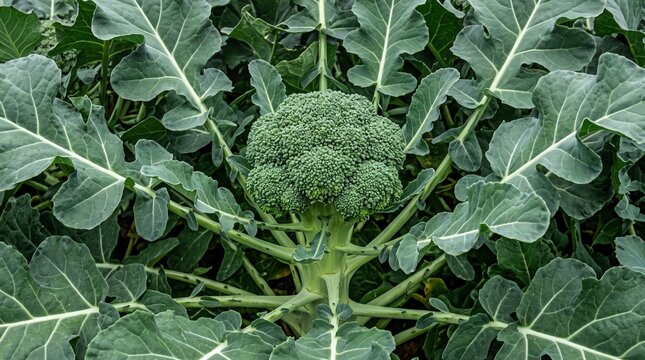 Fresh green broccoli head growing in a garden, surrounded by large, textured, dark green leaves with visible white veins, captured in a top-down view of a vegetable plant in a field